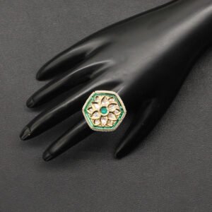 Ekadhana Kundan Finger Ring Green